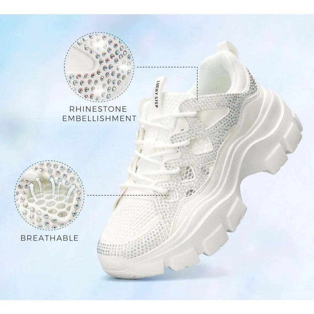 Women White Rhinestone Platform Fuchsia Hologram Casual Lace-Up Sneakers